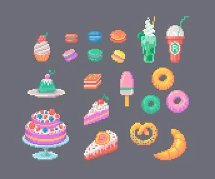 Set of pixel art desserts. Macarons, cakes, cocktails donuts and other. Stock-Illustration