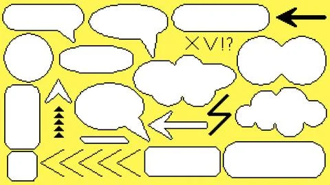 Set of pixel art elements including text bubbles, frames, arrows, pointers 스톡 일러스트