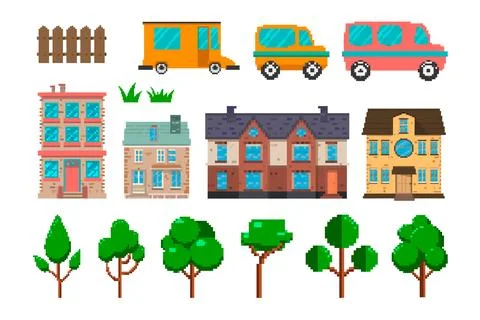 Set of pixel art elements, transport, houses, trees isolated on white backg.. Stock Illustration