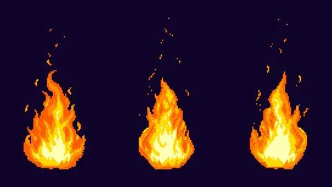Set of pixel art fire flames. Vector illustration with glowing orange and yellow Illustrazione stock