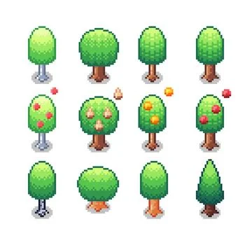 Set of pixel art fruite trees for retro games. Stock Illustration