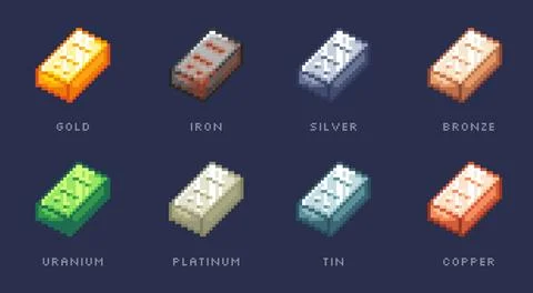 A set of pixel art ingots of various metals Stock Illustration