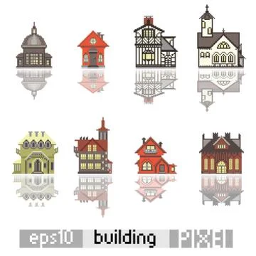 Set of Pixel art isometric building Illustrazione stock