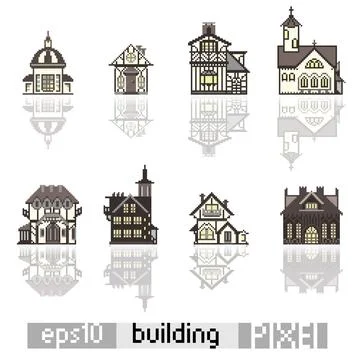 Set of Pixel art isometric building Stock Illustration