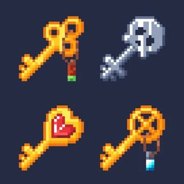 Set of pixel art keys for retro games. Stock Illustration