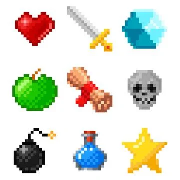 Set of pixel art objects. Retro game 8 bit style icons collection. Heart, sword Stock Illustration