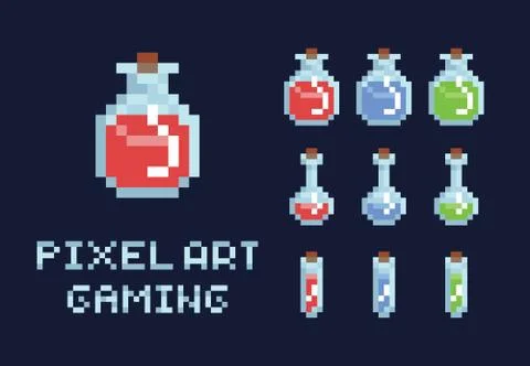 Set of pixel art potion bottles, red green and blue, health mana game design Stock Illustration