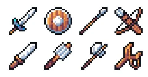Set of pixel art weapons for game assets. Icons for 8bit 2d retro games Stock Illustration