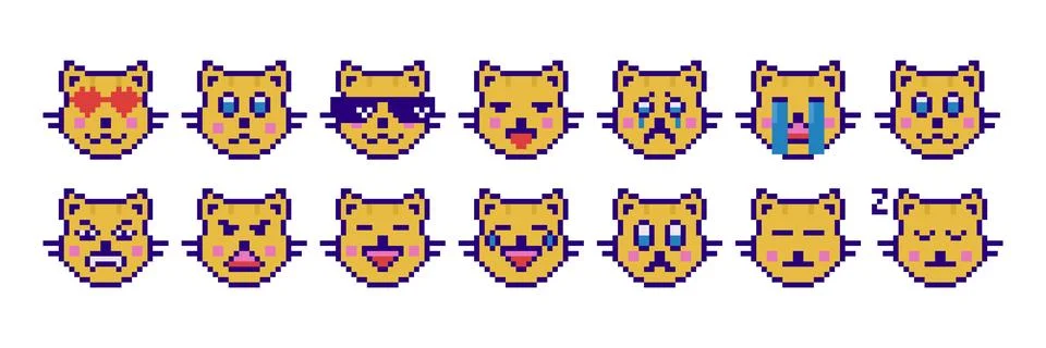Set of pixel cats, pack of pixel emojis. Cute and funny faces, vector icons,  Stock Illustration