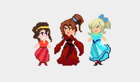 Set of pixel characters in art style Stock Illustration
