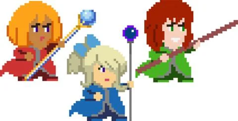 Set of pixel characters in art style Stock Illustration