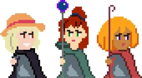 Set of pixel characters in art style Stock Illustration