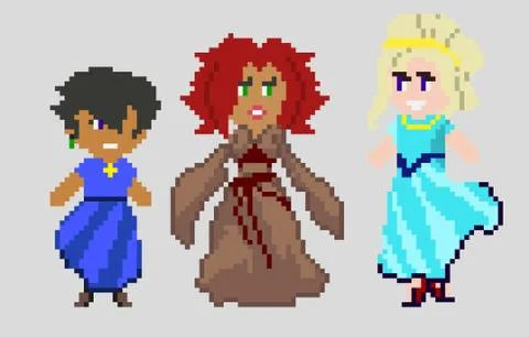 Set of pixel characters in art style Stock Illustration