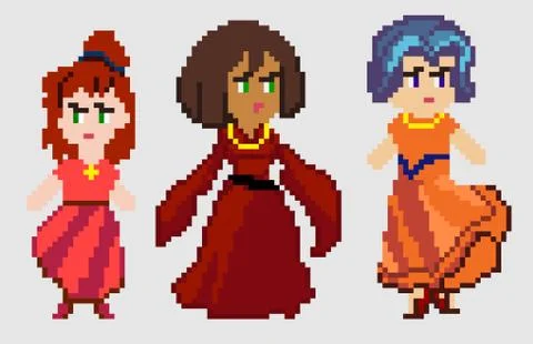 Set of pixel characters in art style Stock Illustration