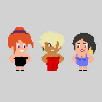 Set of pixel characters in art style Stock Illustration