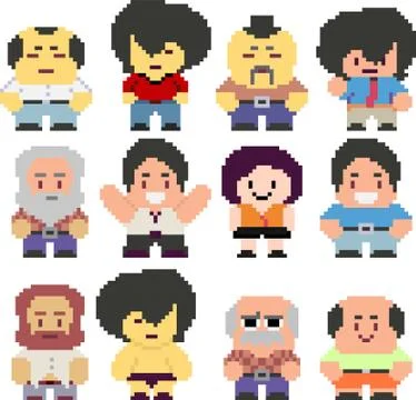 Set of pixel characters in art style Stock Illustration