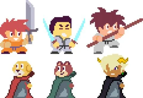 Set of pixel characters in art style Stock Illustration