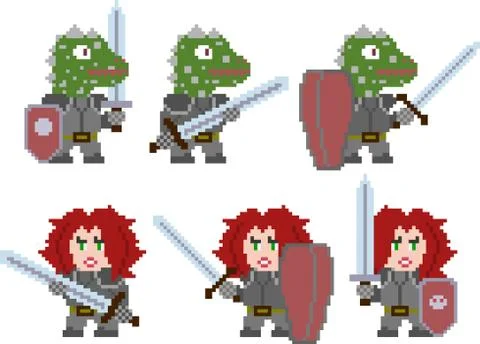 Set of pixel characters in art style Illustrazione stock