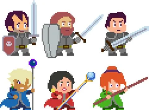 Set of pixel characters in art style Stock Illustration
