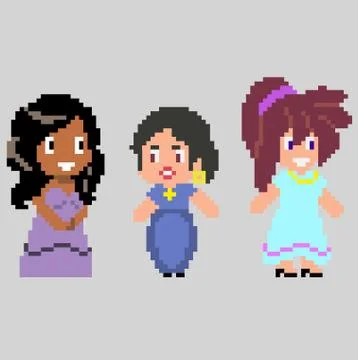 Set of pixel characters in art style Stock Illustration