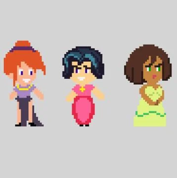Set of pixel characters in art style Stock Illustration