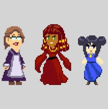 Set of pixel characters in art style Stock Illustration