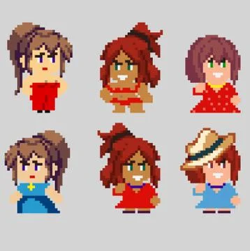 Set of pixel characters in art style Stock Illustration