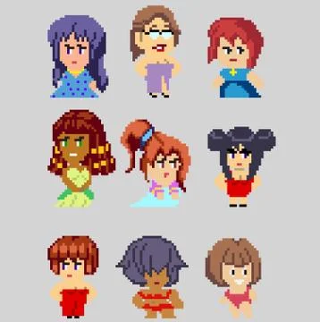 Set of pixel characters in art style Stock Illustration