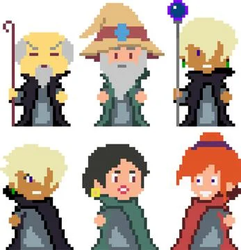 Set of pixel characters in art style Illustrazione stock