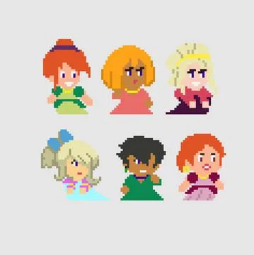 Set of pixel characters in art style Stock Illustration