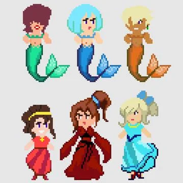 Set of pixel characters in art style Stock Illustration