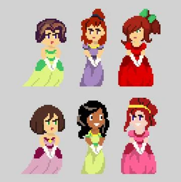 Set of pixel characters in art style Stock Illustration