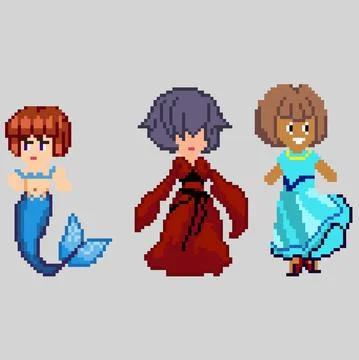 Set of pixel characters in art style Stock Illustration