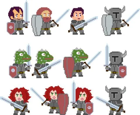 Set of pixel characters in art style Stock Illustration