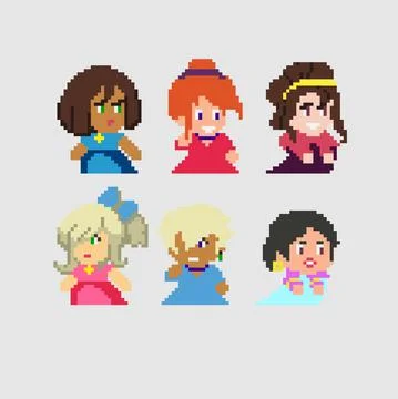 Set of pixel characters in art style Stock Illustration