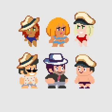 Set of pixel characters in art style Stock Illustration