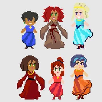 Set of pixel characters in art style Stock Illustration