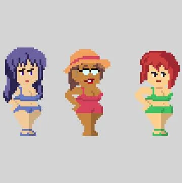 Set of pixel characters in art style Stock Illustration