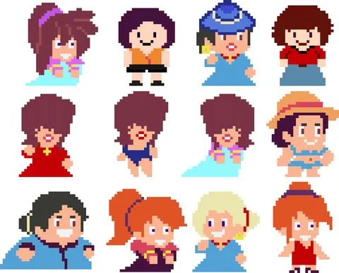 Set of pixel characters in art style Stock Illustration