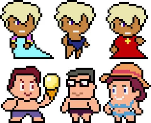 Set of pixel characters in art style Stock Illustration