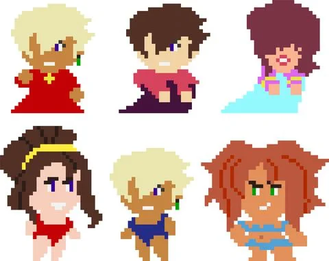 Set of pixel characters in art style Stock Illustration