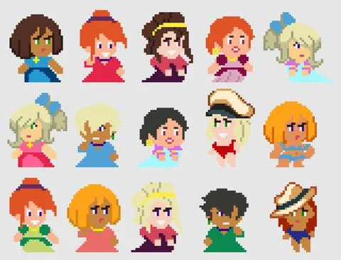 Set of pixel characters in art style Stock Illustration