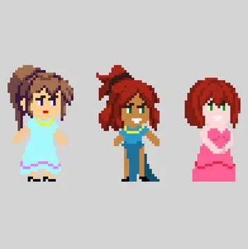 Set of pixel characters in art style Stock Illustration