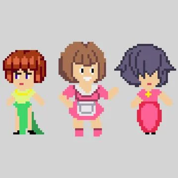 Set of pixel characters in art style Stock Illustration