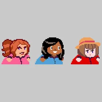 Set of pixel characters in art style Illustrazione stock