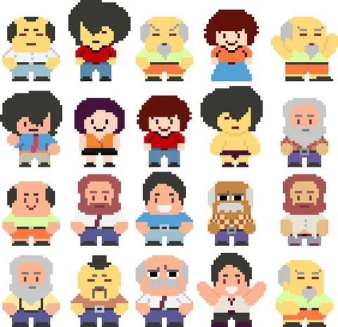 Set of pixel characters in art style Stock Illustration