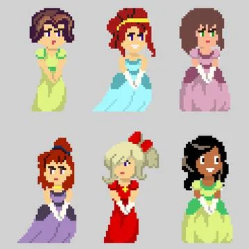 Set of pixel characters in art style Stock Illustration