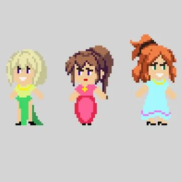Set of pixel characters in art style Stock Illustration