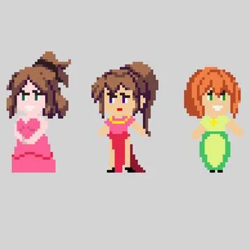 Set of pixel characters in art style Stock Illustration