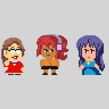 Set of pixel characters in art style Stock Illustration